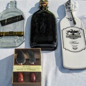Bundle of three (3) wine bottle cheeseboards plus utensils